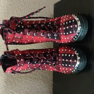 Gianni Bini red and black checkered studded boots, size 10